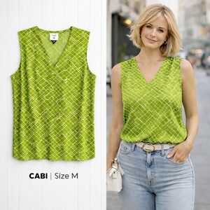 Cabi Green Sleeveless V-Neck Blouse Size M | Geometric Print Top
